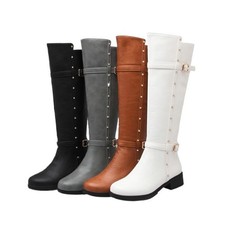 Womens Round Toe Zipper Knee High Riding Boots Buckle Heels Riding Casual Shoes