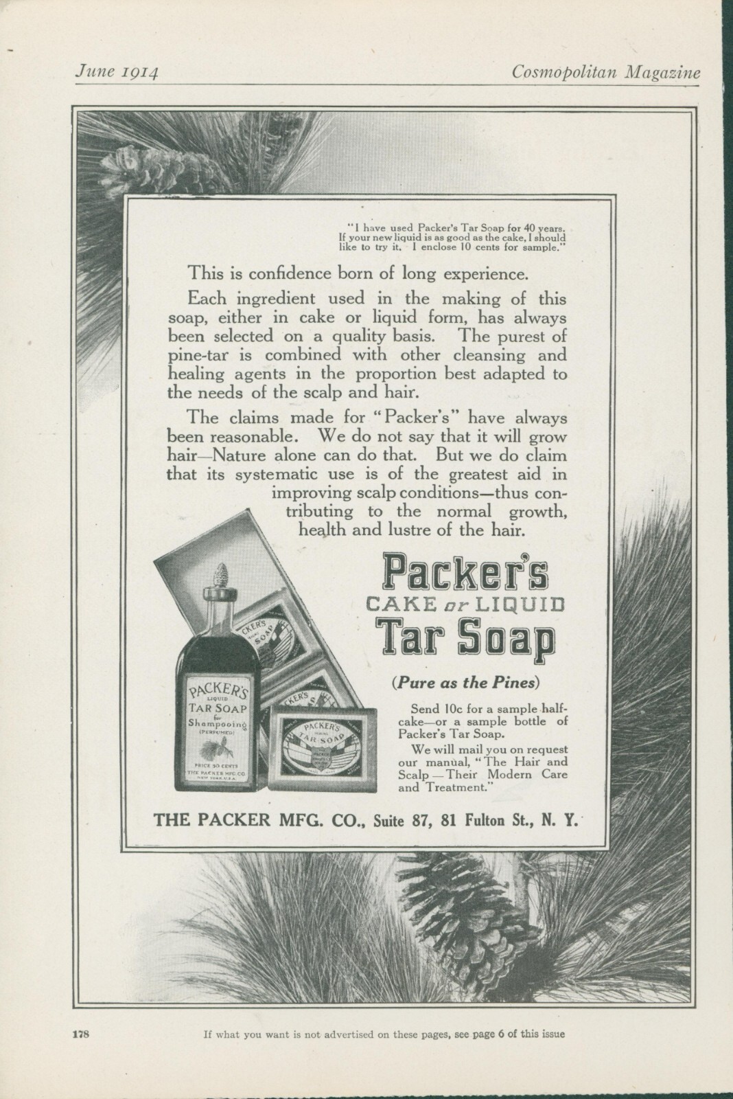 1914 Packers Tar Soap Pine Needles Vintage Print Ad CO6