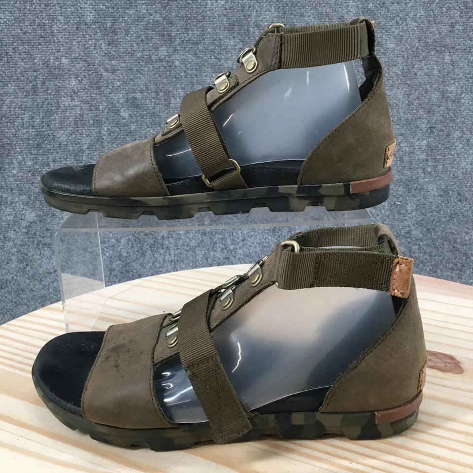 Sandalias Sorel para mujer 8,5 suela camuflada tiras cuña plataforma confort cuero verde Foto 2 de 4