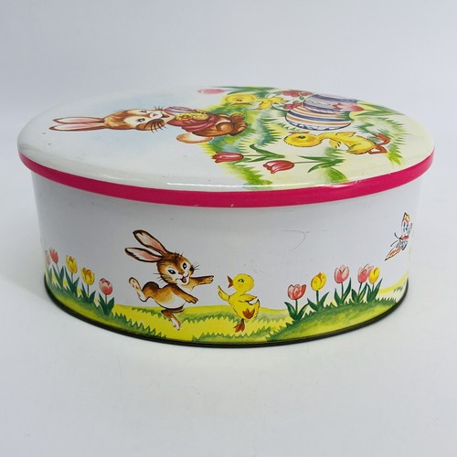 VINTAGE DAHER ENGLAND OSTERN HASE KANINCHEN BABY KÜKEN OVALE METALLFANGDOSE - Bild 3 von 12