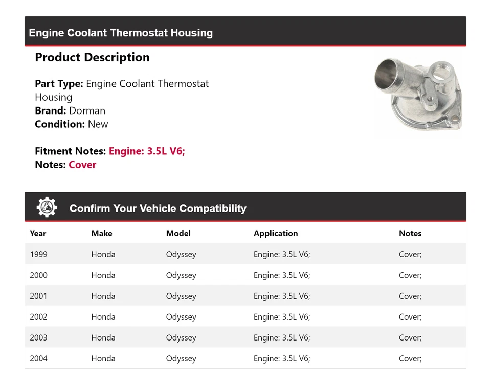 Carcasa termostato refrigerante motor Dorman V6 3,5 L Honda Odyssey 1999-2004 Foto 2 de 4
