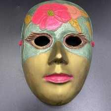 Vintage Brass mask signed by artist 1991 Venetian, enamel hand painted floral