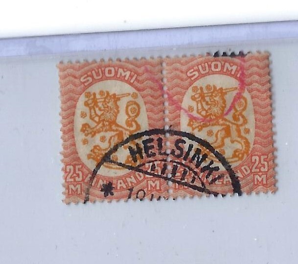 Finland  Stamp 1925 Lion Red/Orange 25Mk Used Rare Beauty Pair, 14 1/4 x 14 3/4