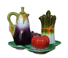 Italian Majolica Vegetable Cruet Set Trifles Oil Vinegar Salt Pepper Tray Rare