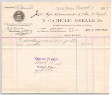 1897 Catholic Herald Michael Walsh Editor New York NY   Billhead 7"H