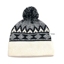 Old Navy Womens Elevated Beanie Knit Winter Hat Pom Gray Fair Isle One Size