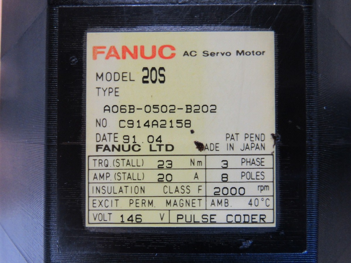 ファナックAC SERVO MOTOR ２０Ｓ A06B-0502-B0004 FANUC AC SERVO MOTOR MODEL 20S, A06B-0502-B202, FROM KITAMURA
