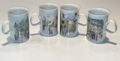 SET/4 Dunoon Scotland Mugs Cups A Winters Tale Village Scenes Richard Partis EUC