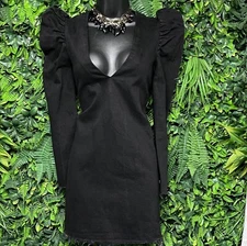 ZARA TRAFALUC Dress Women Small Black Denim Puff Sleeve Fringe Hem Jeans 2620