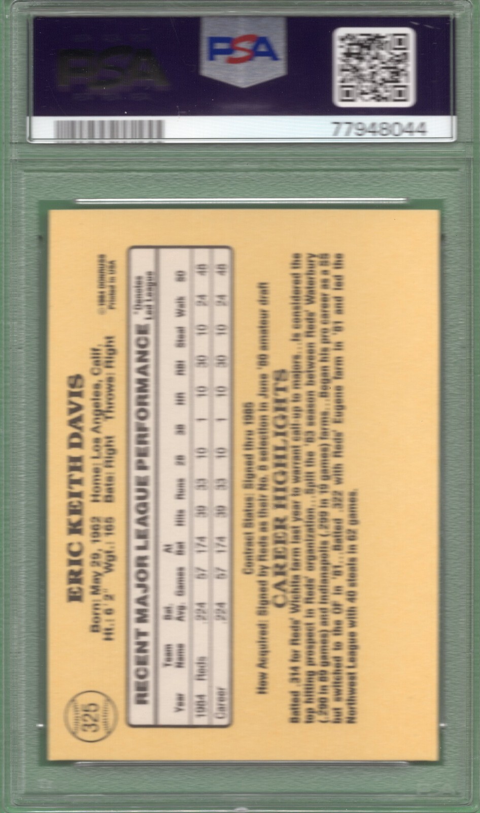 1985 Donruss #325 Eric Davis Rookie RC PSA 9 Mint - Picture 2 of 2