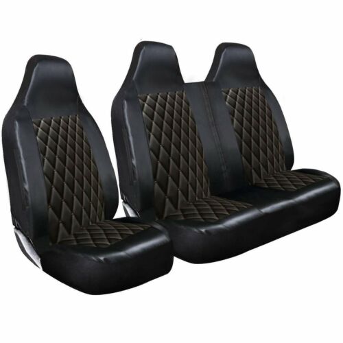 FOR IVECO DAILY ALL YEARS - BLACK QUILTED DIAMOND LEATHER VAN SEAT COVERS 2+1 - Picture 1 of 2