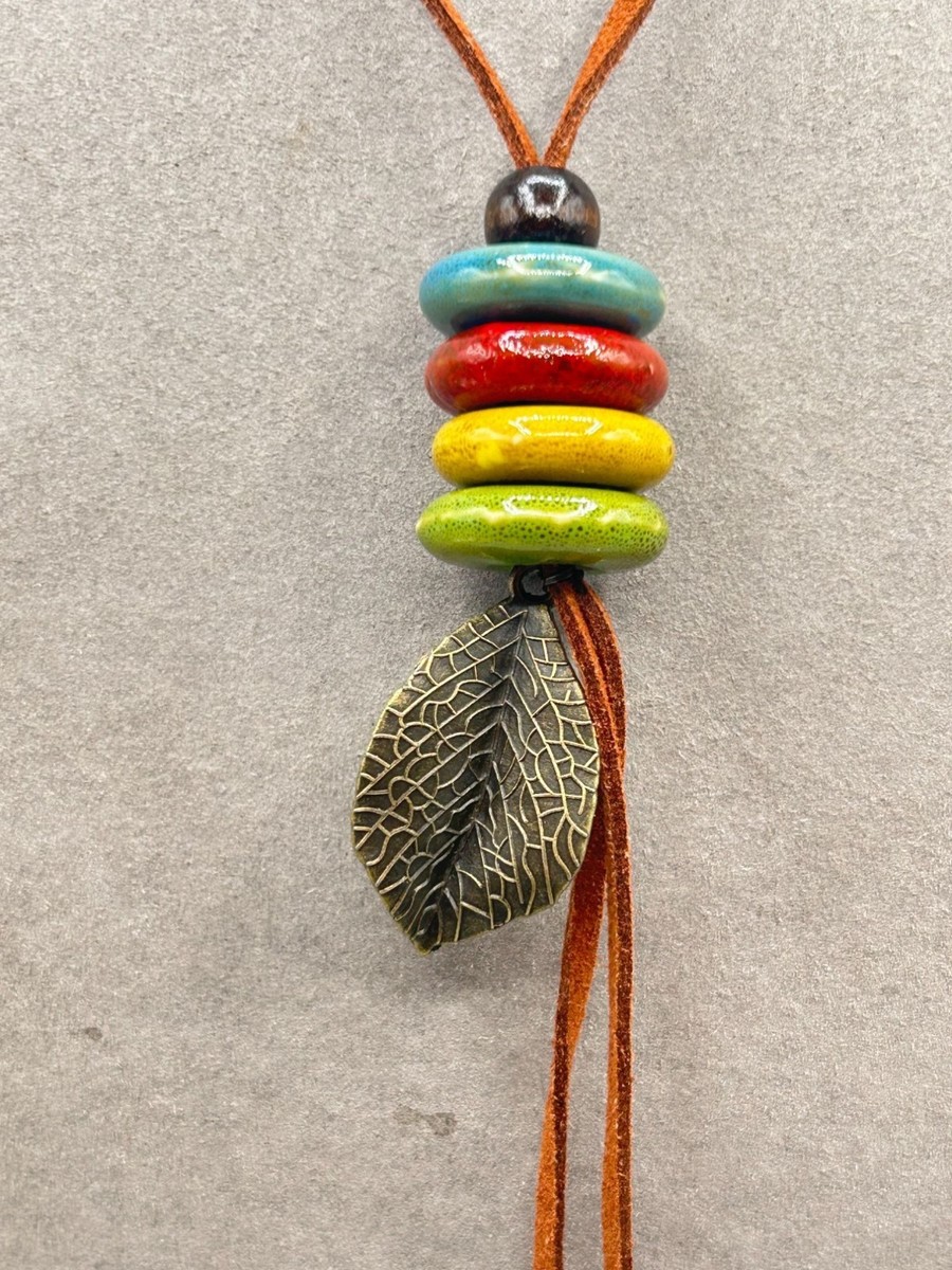 Earthy Colorful Necklace Ceramic Beads Leather Cord Simple Boho Jewelry View 3