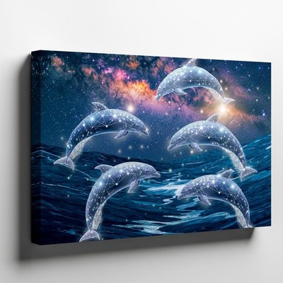 Wall Art Vibrant Cosmic Scene Featuring Four Dolphins Gracefully Leaping Through