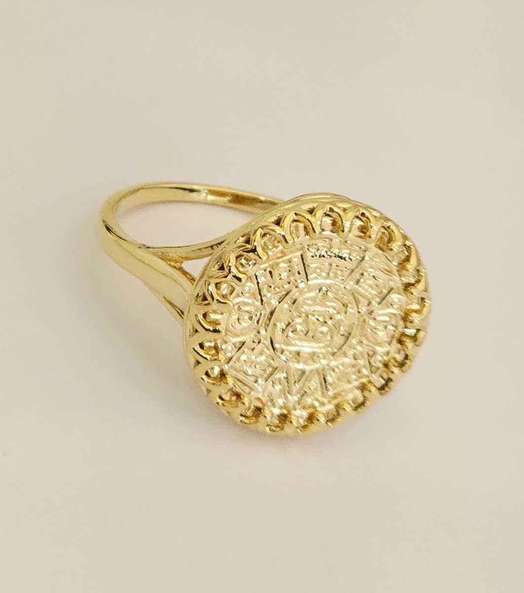 Anello Solido 14k Oro Giallo Calendario Azteco - Taglie 6-7-8-9 Disponibili