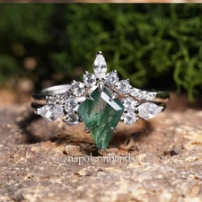 Kite Cut Green Moss Agate Ring Sterling Silver, Stackable Engagement Ring