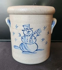 2006 Rowe Pottery Works Salt Glaze 5-1/2” Crock with Snowman / Christmas
