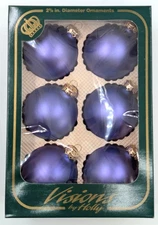 NOS! Box of 6 Vintage Purple Glass Ornaments 2-5/8” dia. Visions by Holly, USA