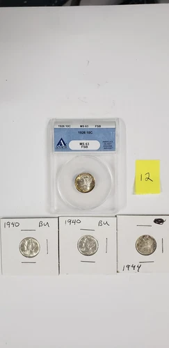 Lot 4 mercury dimes. Anacs  1926  MS63 RD  also 2-1940 and 1-1944