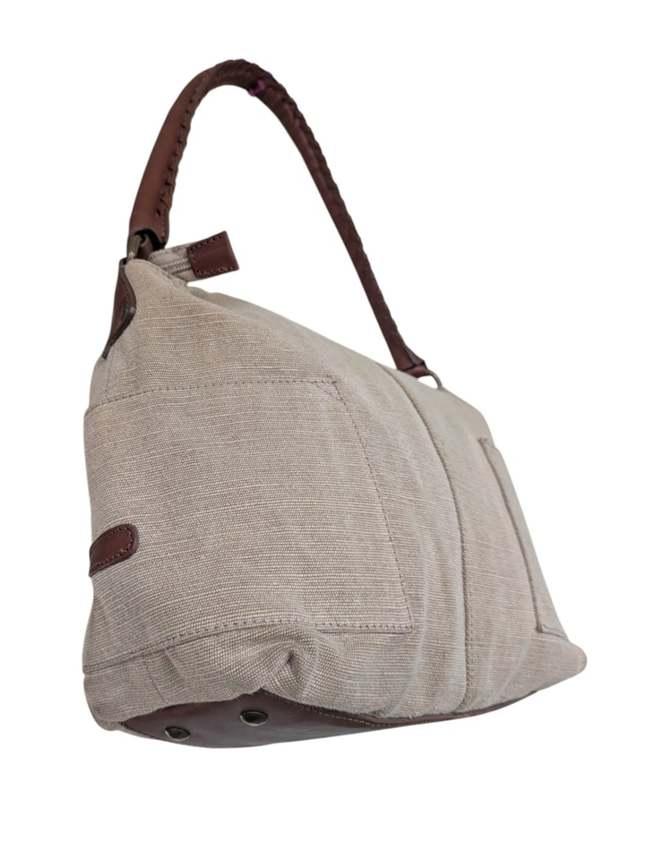 Sundance простота холст двойной карманы с коричневый кожаный сумка с короткими ручками Дамская сумка сумочка - Изображение 2 из 4