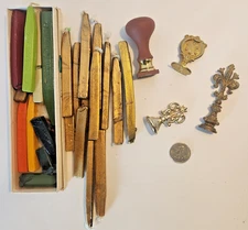 Lot of 4 Wax Seal Stamps & Large Collection of Multi-Color Sealing Wax