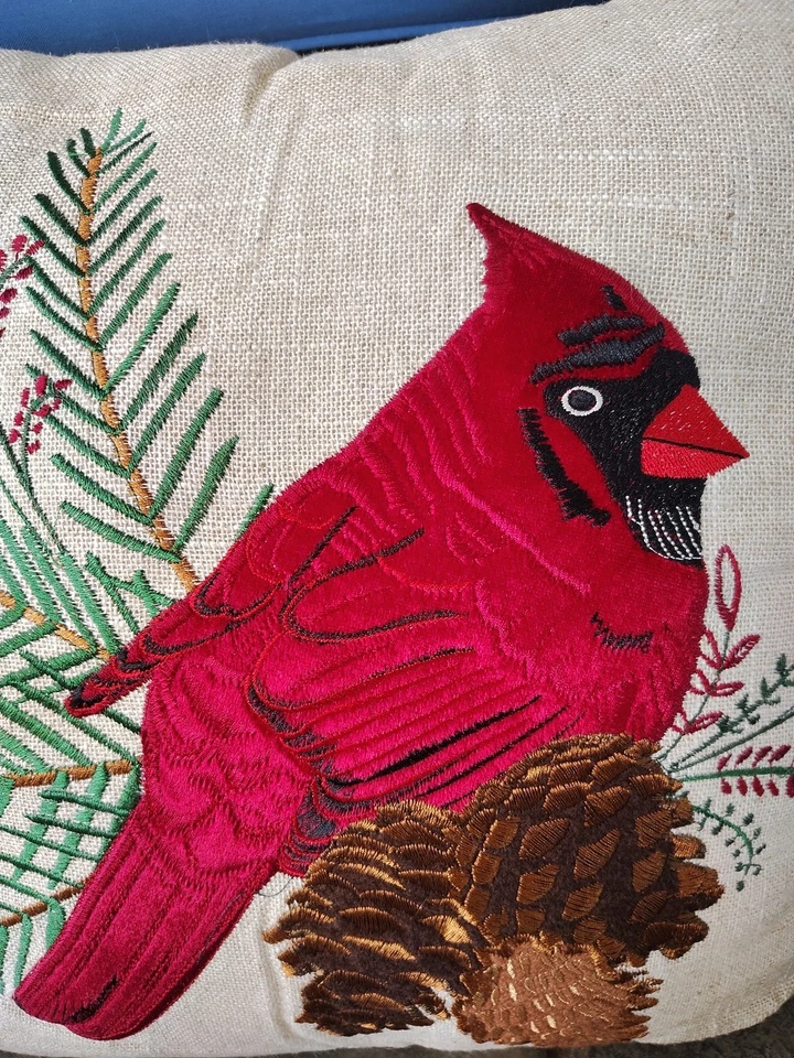 Christmas Red Cardinal Throw Pillow Velvet Appliqied Bird 17" Square Pinecones  - Image 2 of 4