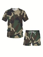 Men's casual summer camouflage short-sleeved T-shirt shorts set, casual