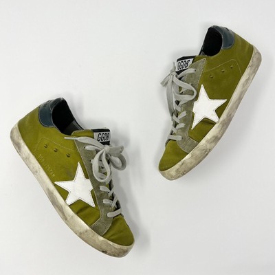 Golden Goose Olive Green Satin Yellow Star GGDB Superstar Deluxe Sneakers EU 35