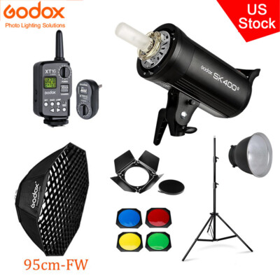 US Godox SK400II Studio Flash+XT-16 Trigger Receiver+Barndoor+95cm Grid Softbox