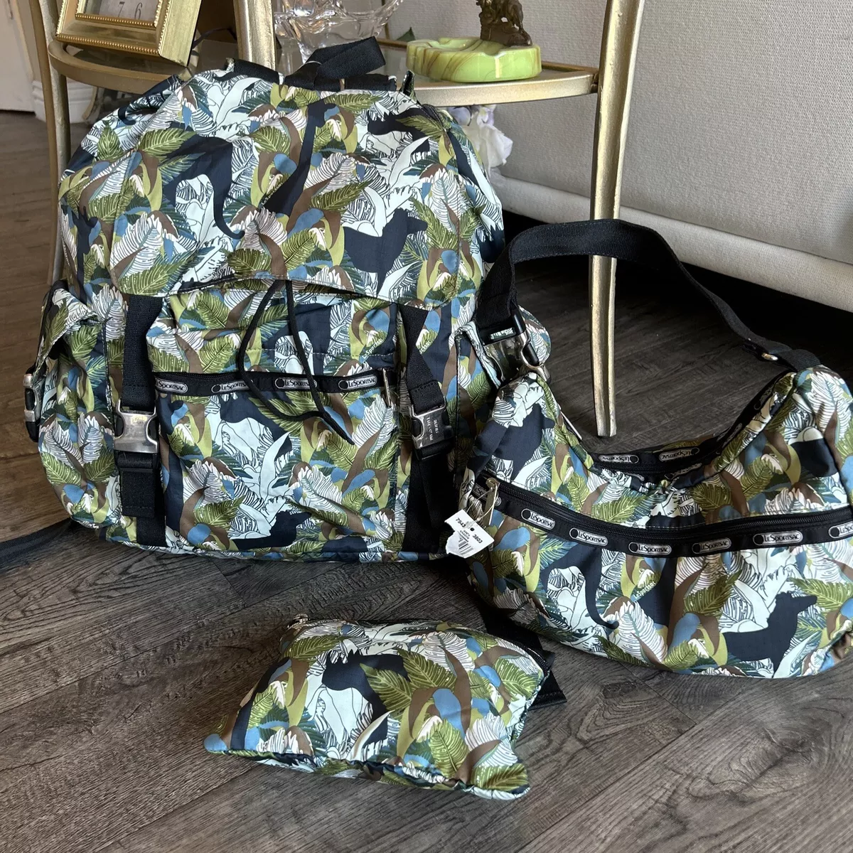 LeSportsac Safari Animals Backpack, Purse & Pouch 3 Pc Greta Kingdom Green Navy