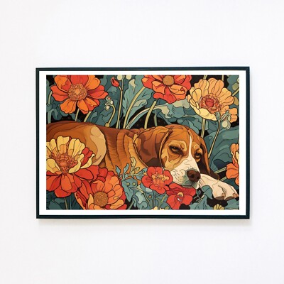 Beagle Hund Blumen Botanisch Haustier Portrait Illustration A4 Wanddeko Kunstdruck 