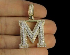 M Initial Letter Round Cut Diamond Pendant Charm 14k Yellow Gold Finish 1.5&quot;Inch