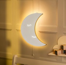 White Moon Night Light Nursery Kid's Room Decoration Wall Lamp Chord Wooden Baby