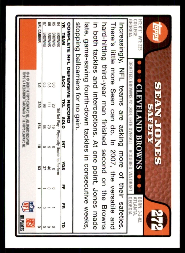 2008 TOPPS SEAN JONES CLEVELAND BROWNS #272 - Image 2 of 2