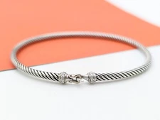 DAVID YURMAN 3mm Classic Cable Sterling Silver Diamond Buckle Bracelet 6.5Inch