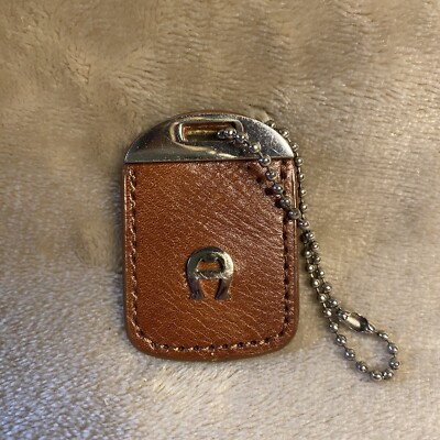 Etienne Aigner Logo Silver Brown Leather Strap Key Chain Fob Bag