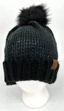 C.C Exclusives Womens Slouchy Tossle Fur Pompom Hat One Size Black Metallic Knit