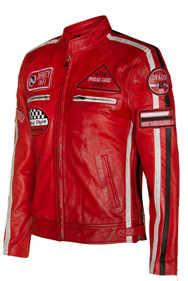 Mens Red Leather Biker Jacket Retro Casual Zipped Racing Moto