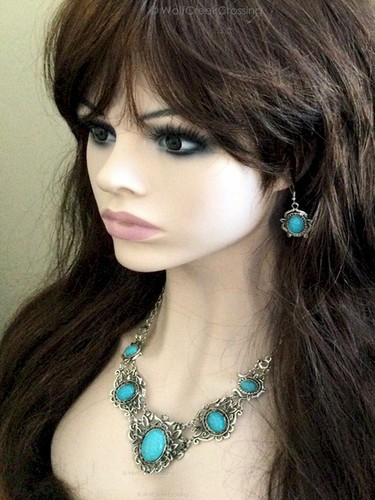 MOJAVE TURQUOISE Necklace Earrings SET Vintage Gypsy Gemstone Statement Jewelry