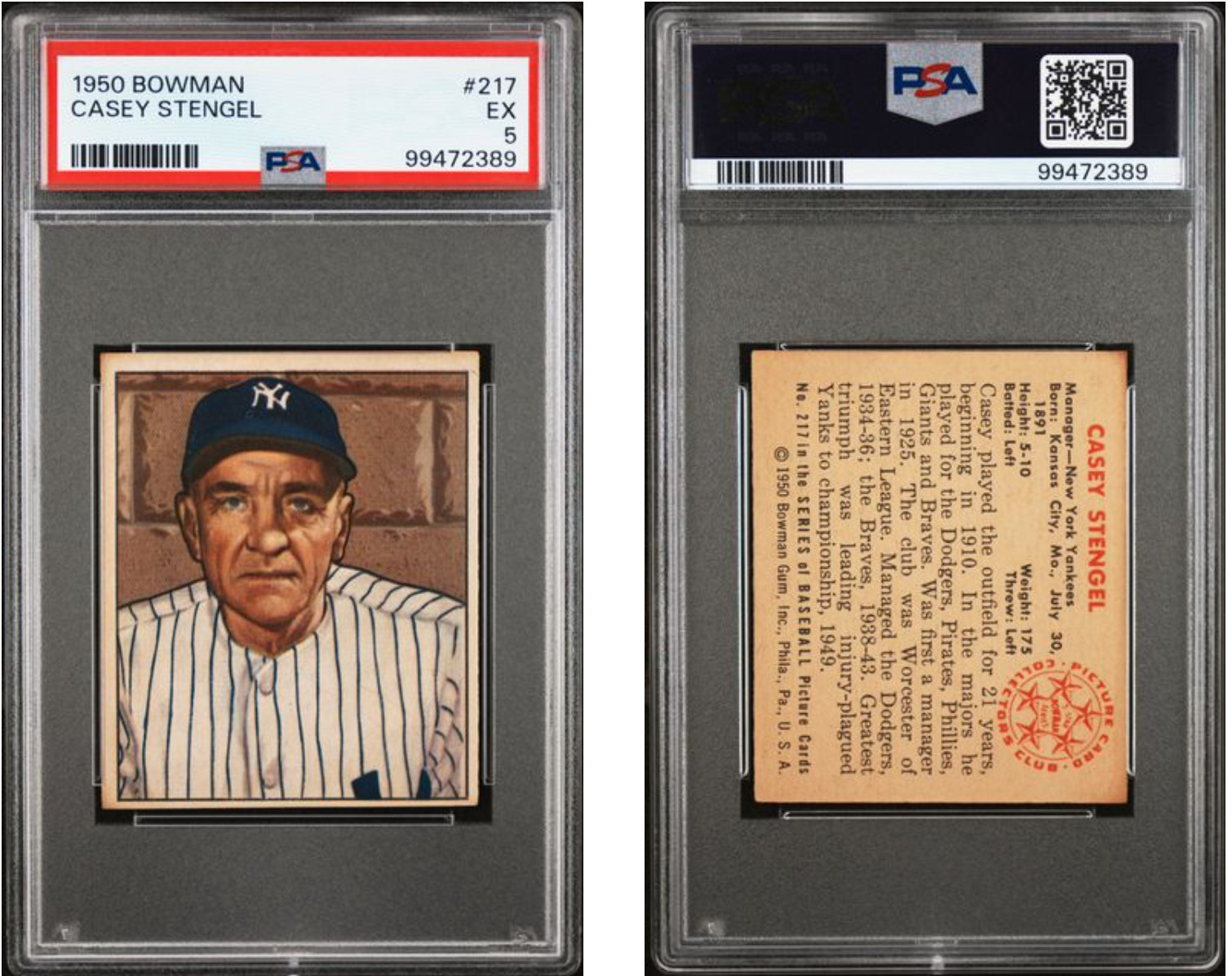 1950 BOWMAN #217 CASEY STENGEL YANKEES PSA 5 EX