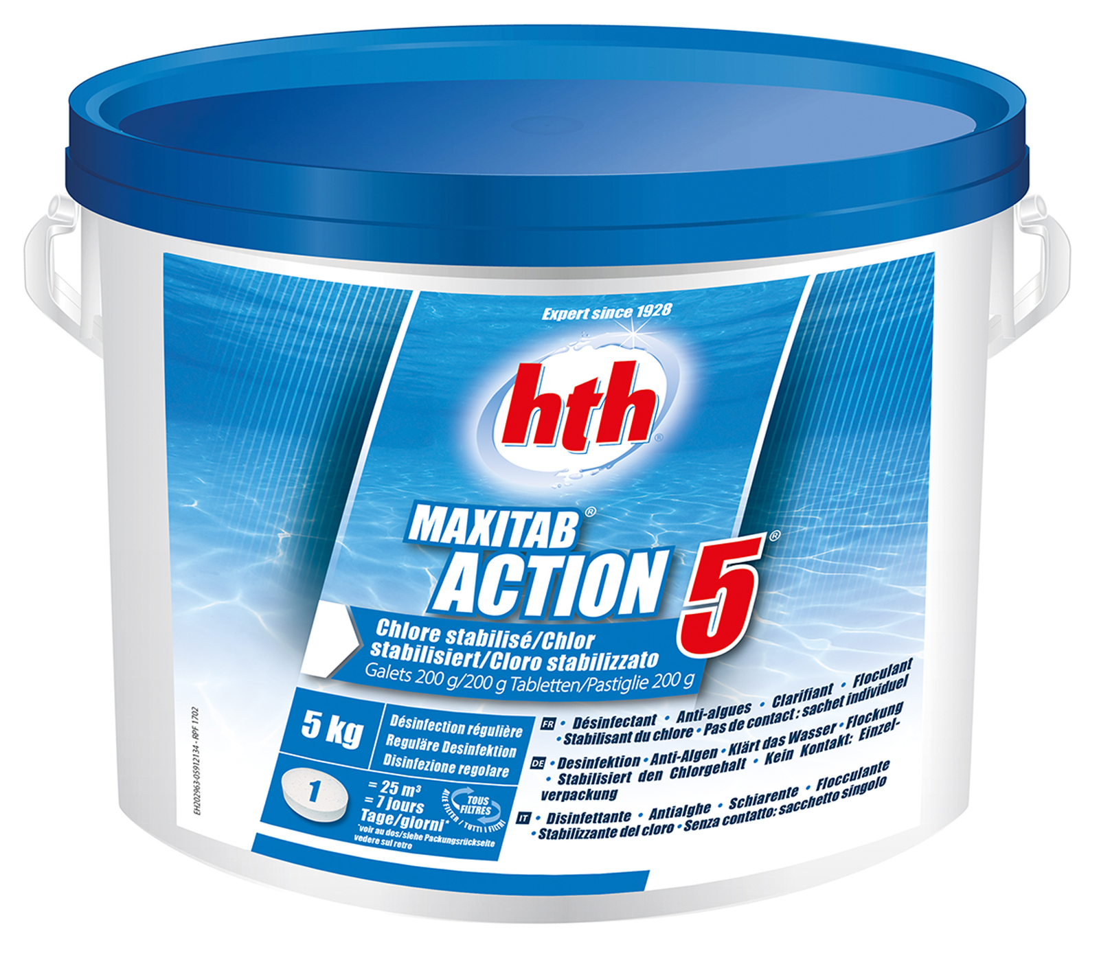 Chlore lent multifonction HTH Maxitab Action 5 anti-algues et clarifiant pour grand bassin 5kg