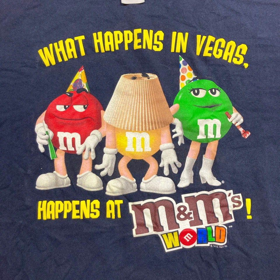 Vintage M&Ms World Shirt Mens M Blue What Happens In Vegas Funny Humor Logo Y2K - Image 3 of 4