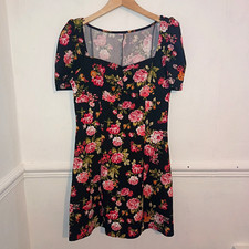 Womens Dress Black Size UK 8 10 Pink Milkmaid Dark Floral Puff Sleeve Panelled