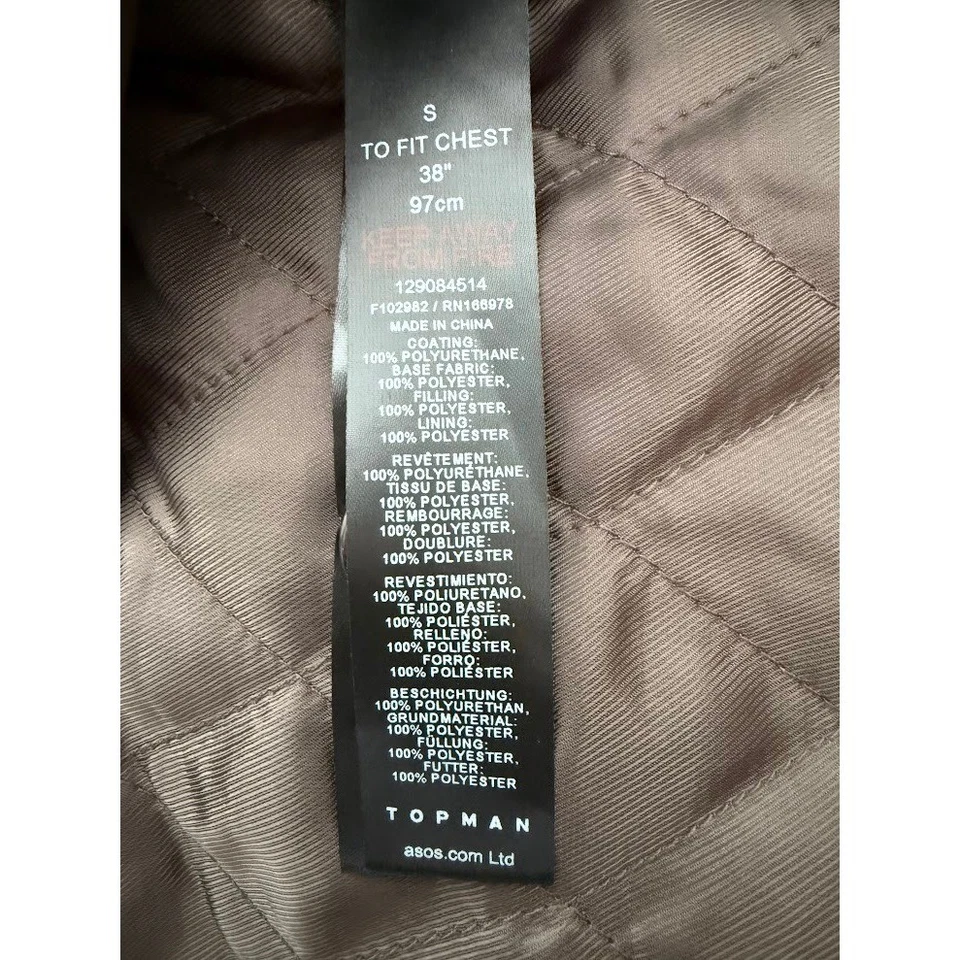 Chaqueta de Camionero Topman Para Hombres Marrón Oscuro Imitación Cuero Vegano Talla S Acolchada Forrada Foto 4 de 4