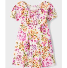 Girls Floral Puff Sleeve Dress - White Floral