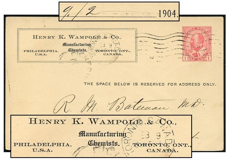 CANADA 1¢ PSC WAMPOLE 1ST CDN OFFICE TORONTO 1904 P24