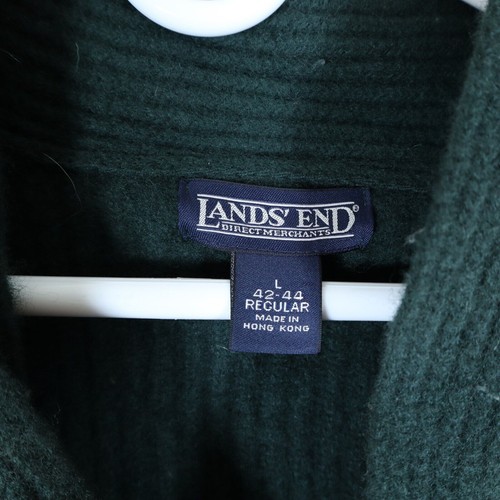 Lands End Cardigan Sweater Green Large Vintage Wool Elbow Patch Mens Shaw Collar - Picture 2 of 3