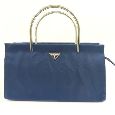 Prada Triangle Logo Metal Handle Nylon Handbag Navy Vintage Authentic