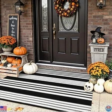 Tiveney 3' x 5' Black & White Striped Outdoor Rug - Washable Cotton Doormat
