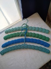 VTG 4 Handmade Crocheted Wooden Hangers-Sage Green Teal 17"L Yarn Covered