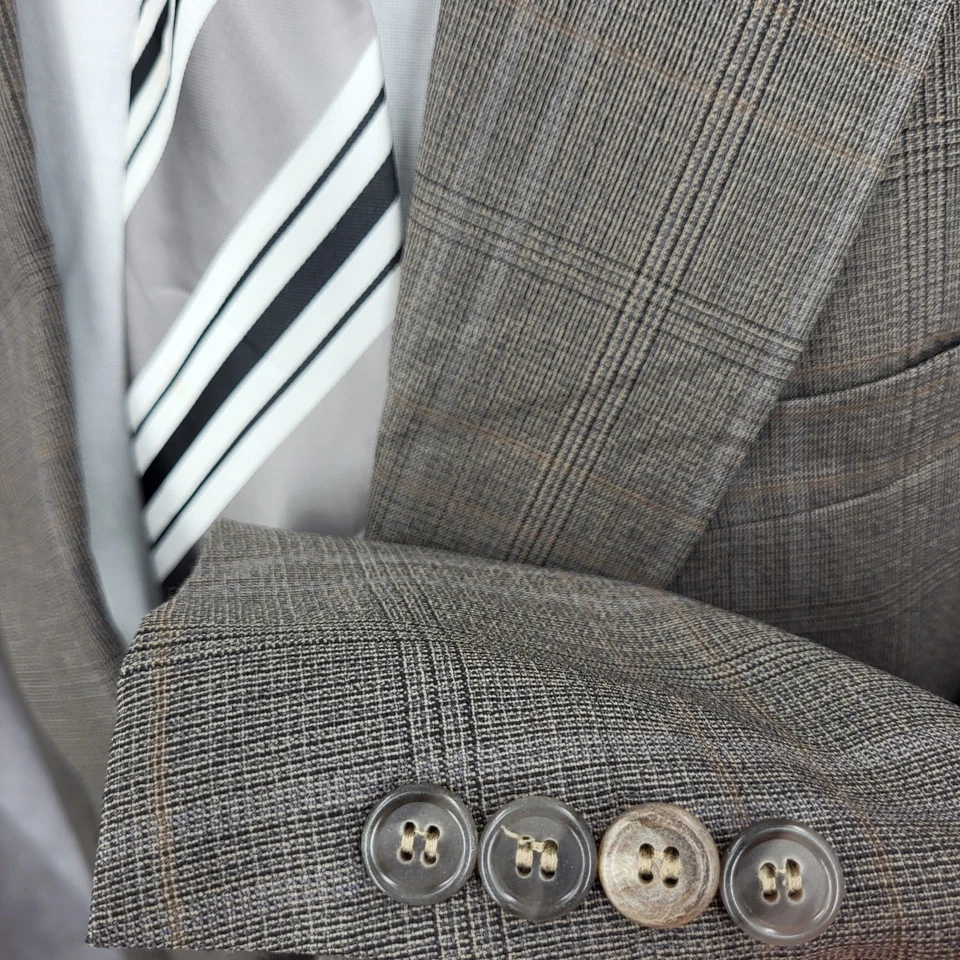 Austin Reed Blazer Mens 44 R Gray Plaid Pure Virgin Wool Sports Coat USA Vtg 2 B - Image 3 of 4